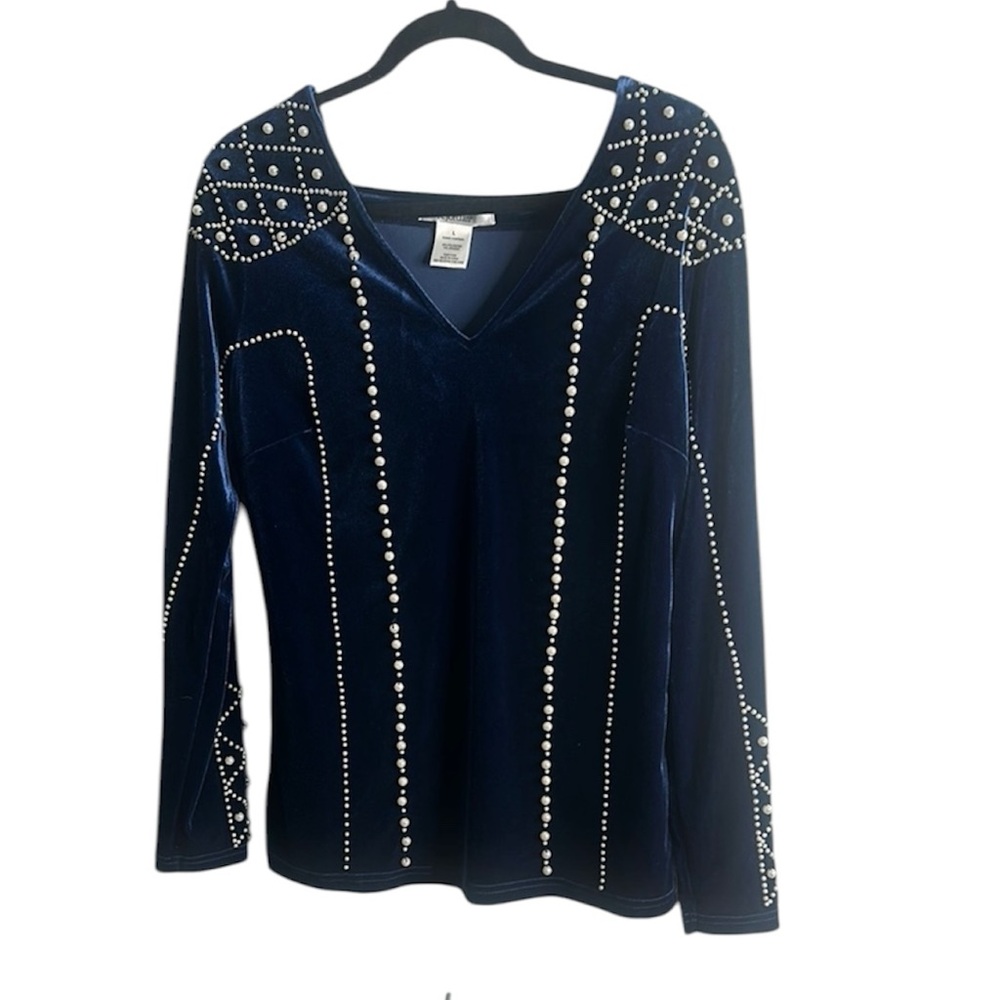 K Jordan Blue Embellished Blouse pearls detail size L